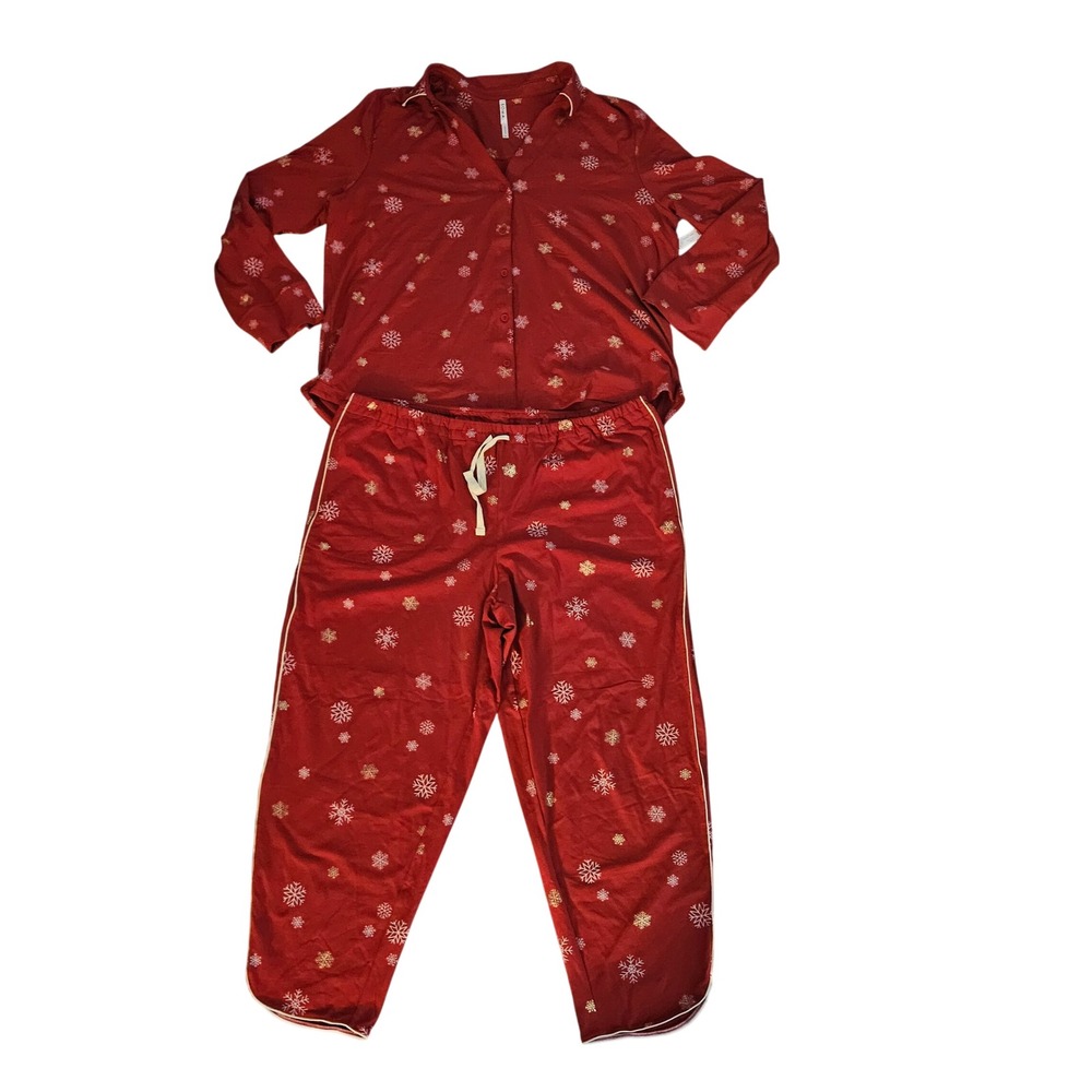 Soma Red Snowflake Gold‎ Foil Pajama Set LS Notch Collar Ankle Pant XXL NEW
